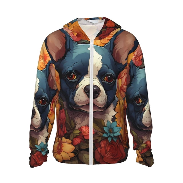 Balery Cute Colorful Flower French Bulldog Sudadera ligera de manga larga con capucha y protección solar UPF 50+ para hombre y mujer, ideal para pesca y running-Medium