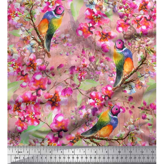 Soimoi Orange Cotton Voile Fabric Stripe,Floral & American Robin Bird Printed Craft Fabric by The Yard 56 Inch Wide