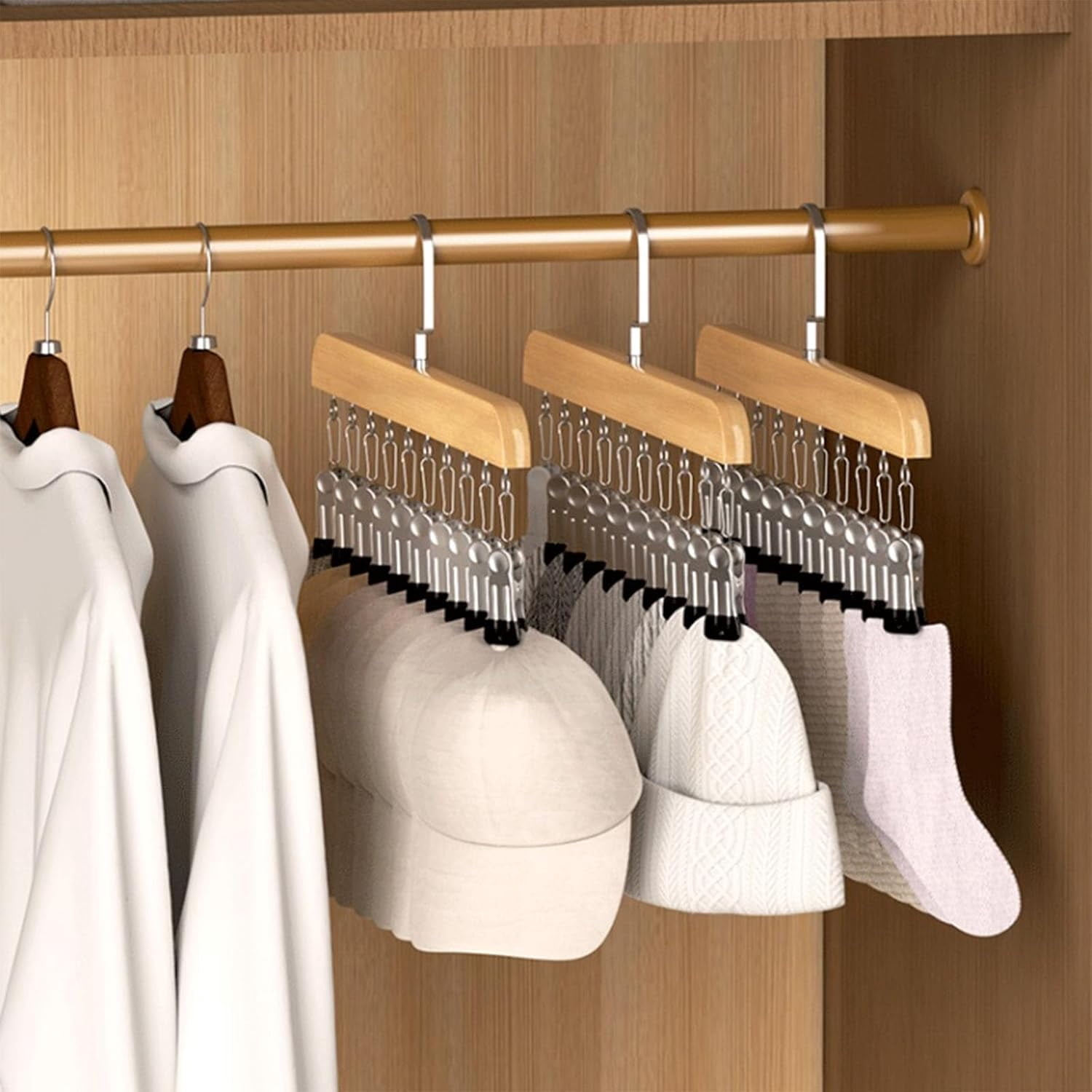 Closet Organizer with 10 Clips, Wooden Pants Hangers with 360° Rotating Hook, Space-Saving Hat Scarf Clothespins for Jeans Skirts Socks