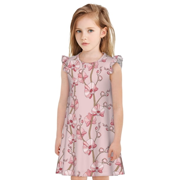 Fotbe Orchids Flowers Vestido de Dormir para Niñas de 3 a 10 Años, Mangas Cortas, Estilo Princesa, Pijama Camisón con Mangas Voladas-Large