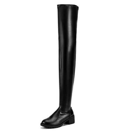 

Women‘s Chunky Heel Thigh High Boots Solid Color Zipper Round Toe Shoes PU Leather Footwear