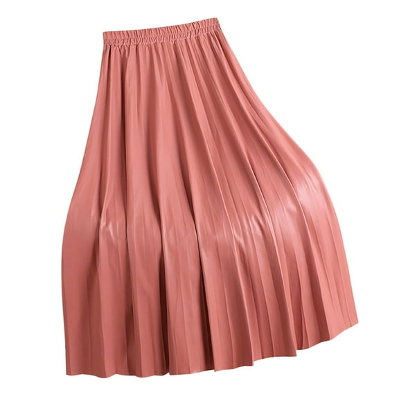 Arlun Women's Pleated PU Leather a Line Maxi Skirt Elastic High Waist Solid Color Soft Comfort Pencil Skirts for 2025 Fall Winter Fashion Korean Style Casual Wear Pink One Size