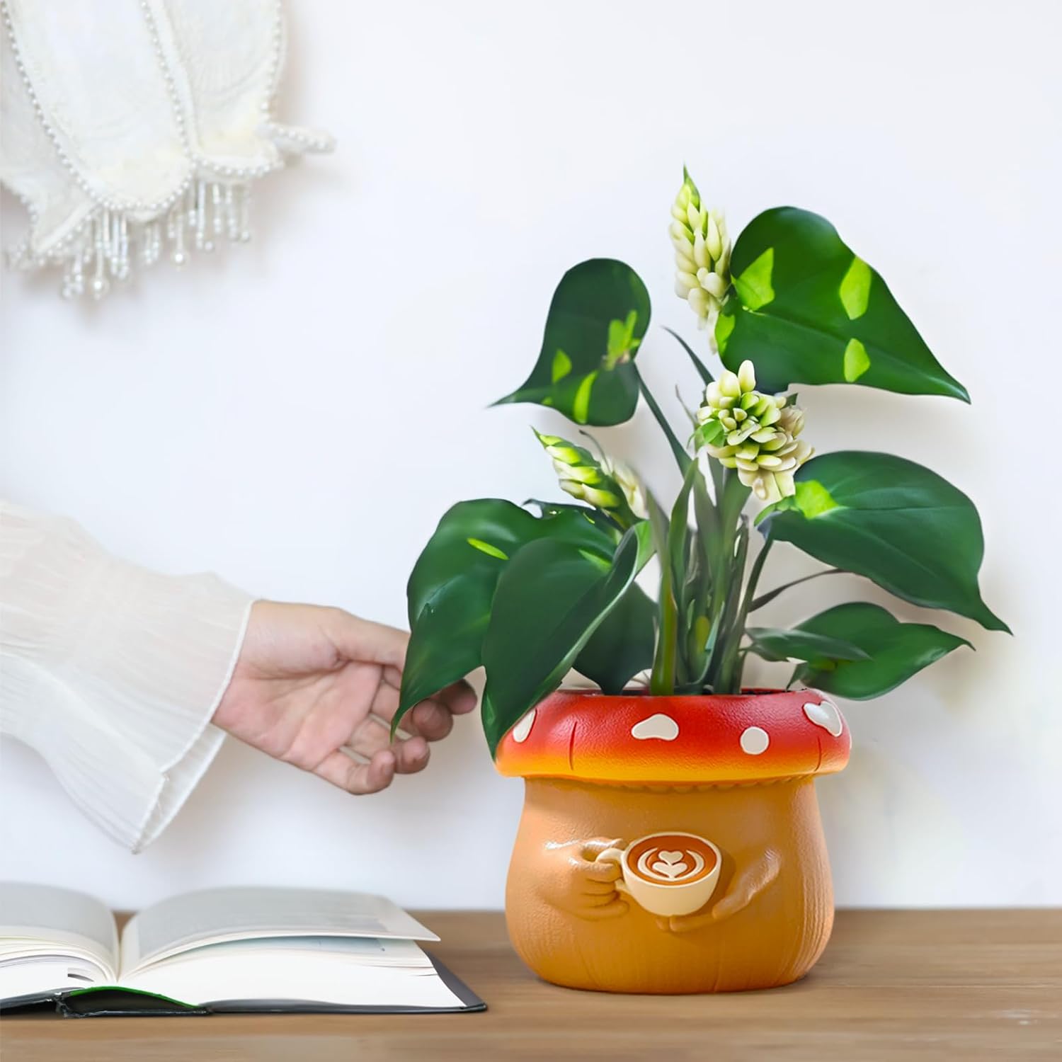 GUGUGO Cute Coffee Mushroom Planter, Colorful Plant Pot with Drainage People Drinking Coffee Cup, Unique Small Body Flower Planters Pots for Indoor Plants, Funny Eclectic Succulent Gardening Gifts B