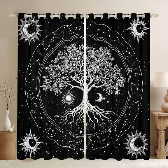 Homewish Hippie Tree of Life Kitchen Curtains, Cosmos Stars Moon Sun Black Out Curtains Pack of 2 (42x63 Each), White Black