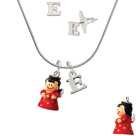 Right Angle Stud - Resin Red Angel Holding Star - E Initial Charm Necklace and Stud Earrings Jewelry Set