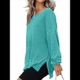 thumbnail image 3 of Sudadera de Cuello Redondo de Punto Gofre de Gran Tamaño para Mujer, Sudadera Informal de Larga con Laterales Azul S, 3 of 8