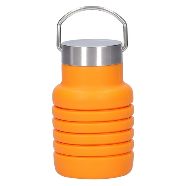 Botella de agua de silicona plegable de 500 ml, taza para beber con tapa de acero inoxidable para exteriores, color naranja