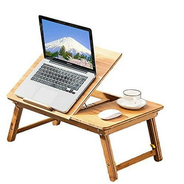 Easy Desk Bamboo Laptop Desk Laptop Table with USB Cooling Fan Adjustable Portable Breakfast Serving Bed Tray Foldable and Drawer, 22” Tilting Tray Top Surface