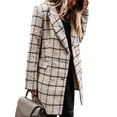 thumbnail image 3 of Chaqueta Informal de Lana con Solapa y Larga para Mujer, con Estampado y Doble Botonadura, A Cuadros Caqui XXL, 3 of 8