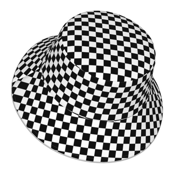 Black And White Checkered Bucket Hat With Reflective Stripe Beach Sun Fishing Hat Reversible For Men Women