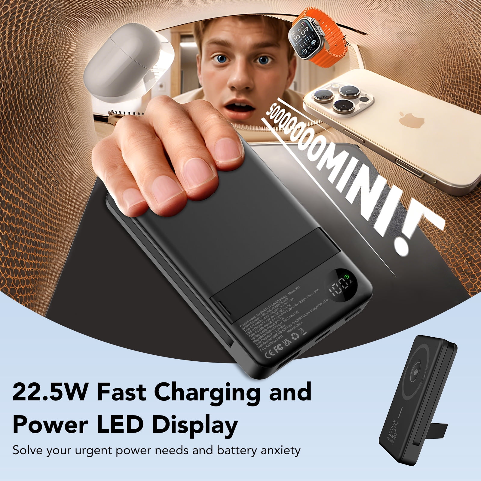 Magnetic Portable Charger with Built-in-Cable, iWatch Charger, 10000mAh Power Bank with Display, Foldable Stand, 22.5W Fast Charging Travel Battery Pack Compatible with iPhone and Apple Watch