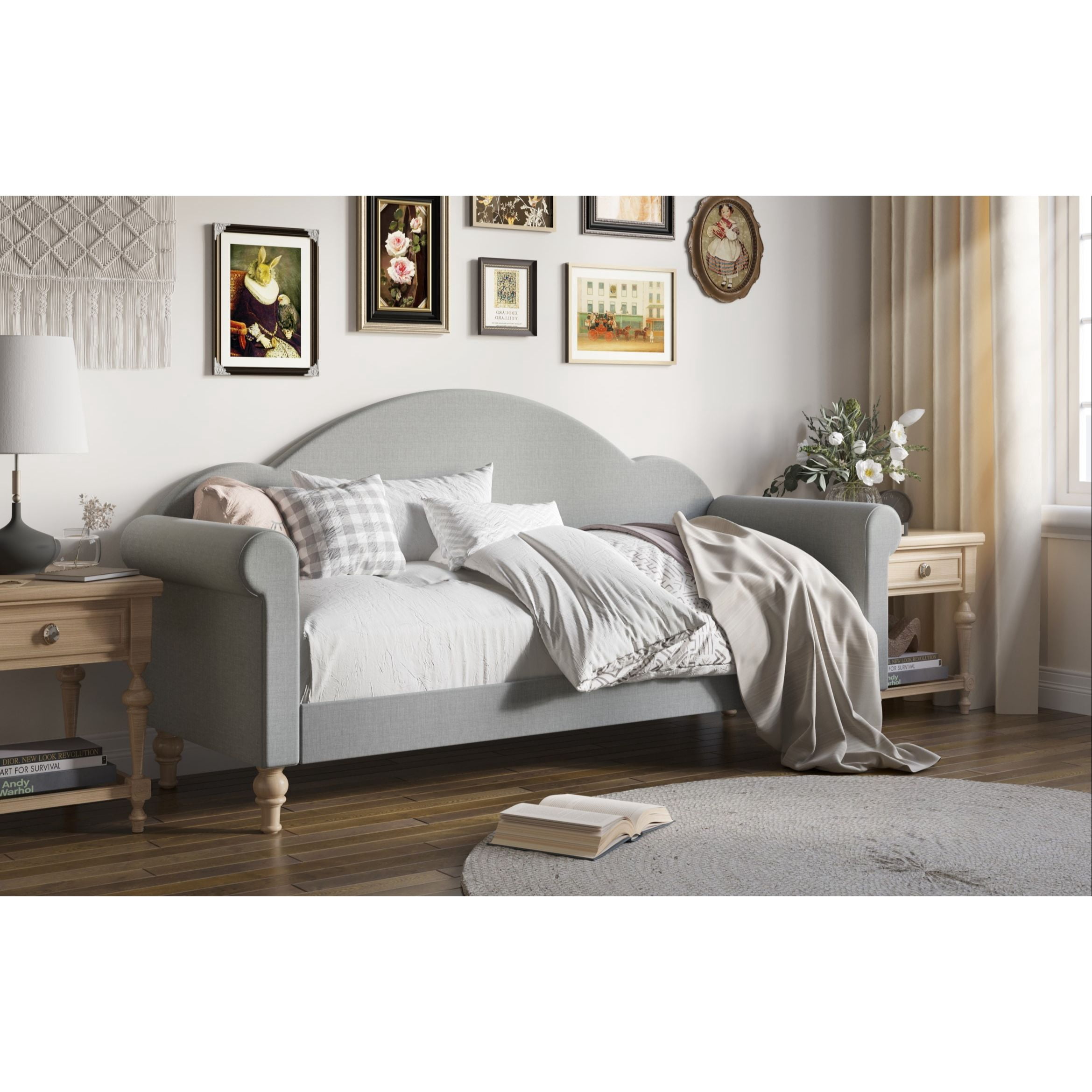 Home Design Chaise Upholstered Twin Daybed with Arched-Back Design, Gray – Adult Guest Room or Living Room, Easy Assembly