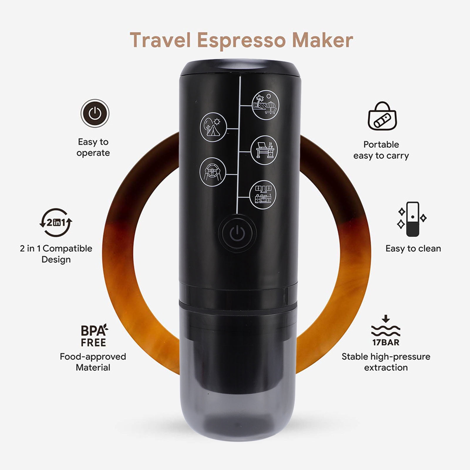 Riousery Portable Coffee Maker 17Bar Electric Espresso Machine for Travel and Outdoor, Compatible with Powder and Capsules, BPA Free, 13.39 inches / 34 cm, Black