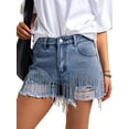 thumbnail image 3 of EMMIOL Women's Mid-Low Rise Distressed Denim Shorts - Rhinestones Fringe Summer Jorts, 3 of 5