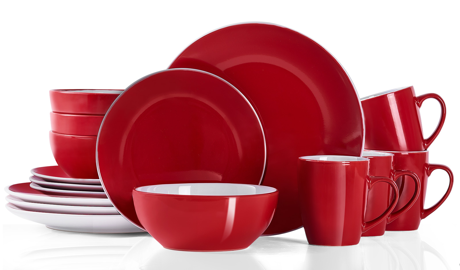 Bestone 16 Piece Round Kitchen Dinnerware Set,Plates and Bowls sets,Dishes, Plates, Bowls, Mugs, Dish Set?Plates and Bowls,Service for 4, Stoneware Dinnerware,Red and White