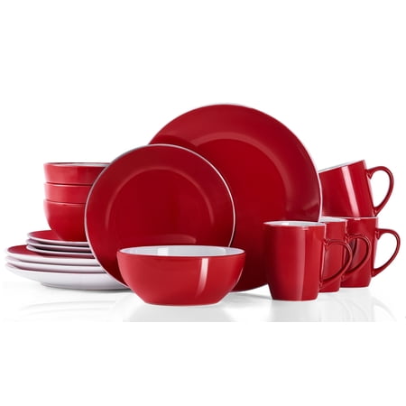 Bestone 16 Piece Round Kitchen Dinnerware Set,Plates and Bowls sets,Dishes, Plates, Bowls, Mugs, Dish Set?Plates and Bowls,Service for 4, Stoneware Dinnerware,Red and White