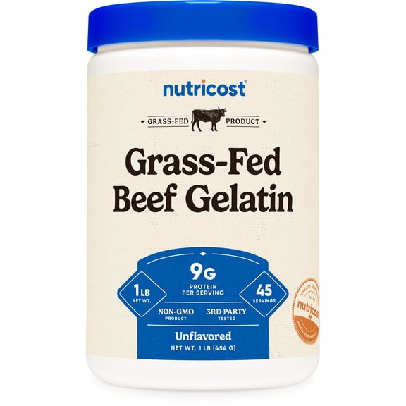 Nutricost Grass-Fed Beef Gelatin Powder (1 LB) Unflavored - 9g of Protein per Serving, GMO-Free, Gluten-Free, 45 Servings