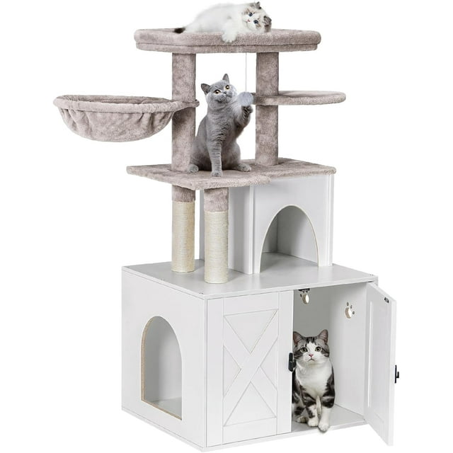 Cat Litter Box Enclosure with Cat Tree Tower and Condo, Hidden Cat Washroom Furniture with Sisal Scratching Post and Soft Plush Perch, Wooden Cat Furniture with Multiple Platforms, White