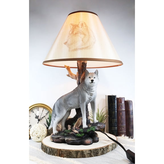 Ebros Denizen Of Twilight Lone Gray Wolf Table Lamp With Shade Decor Statue Set