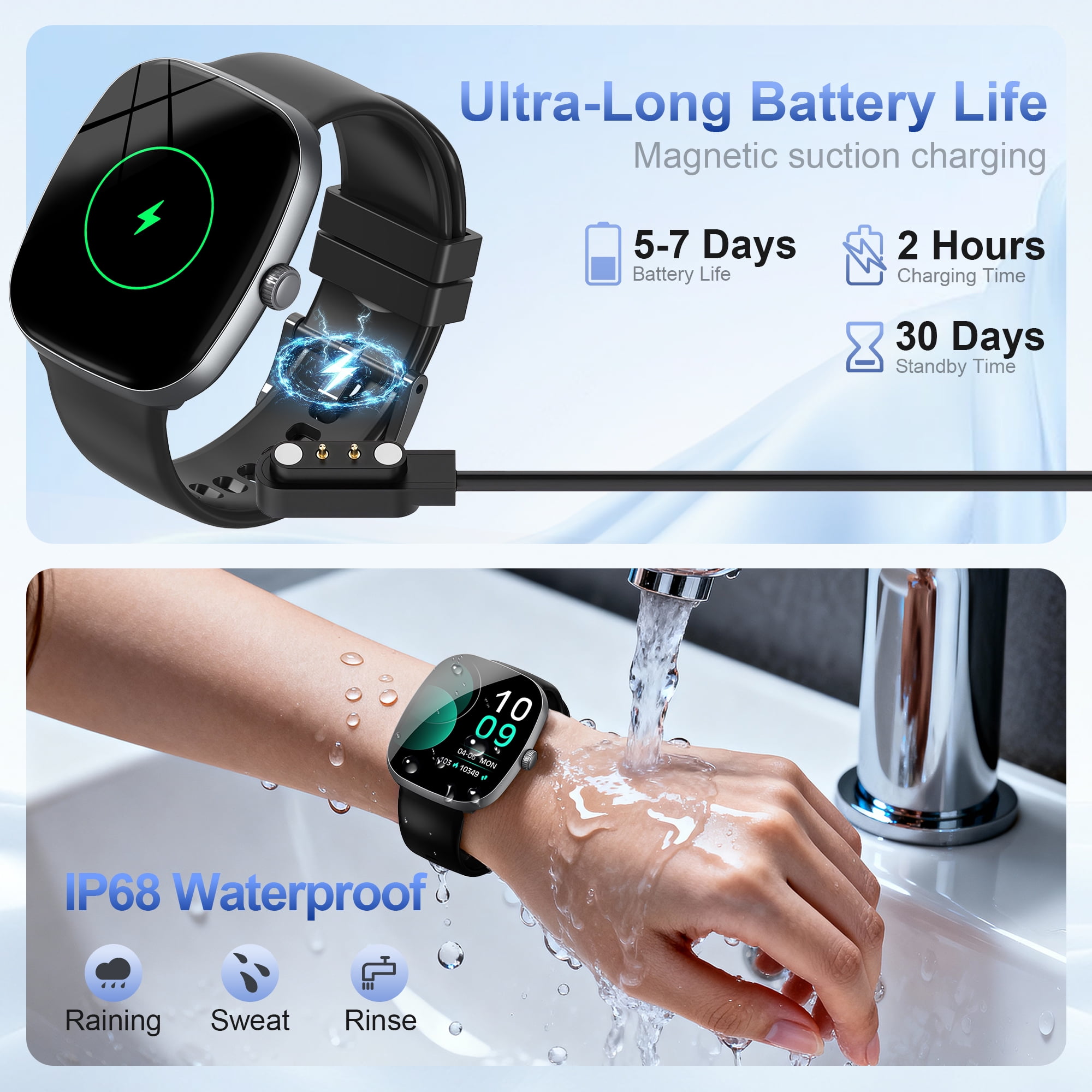 TPUFO Smart Watch Fits for iPhone and Android, 1.85-inch HD Fitness Tracker with Bluetooth Call Function, 120+ Sport Modes, IP68 Waterproof, Black