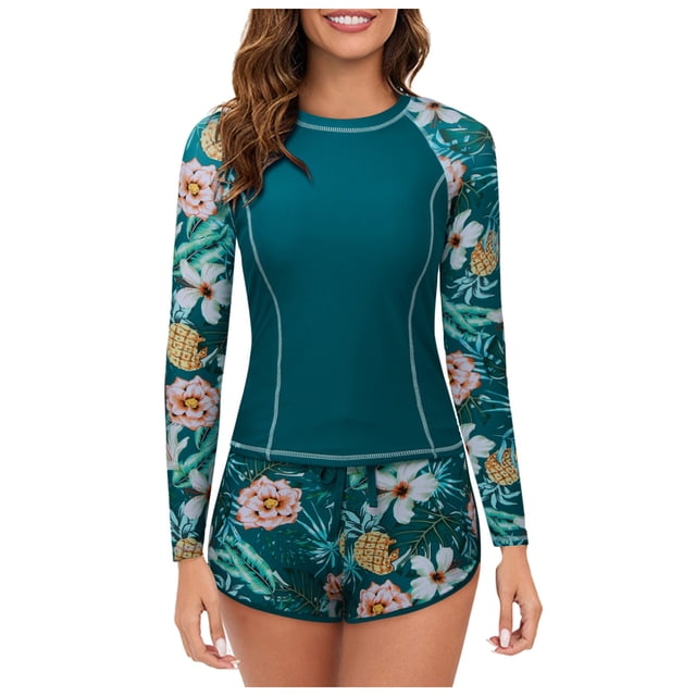 Kcodviy Women 2 Piece Long Short Sleeve Guard Sleeve Rash Guard with Guard Short Sleeve Built in Bra Swimsuits Mens Guard Short Sleeve Loose Fit Upf 50+ Swim Shirt Guard with Boyshort Bottom