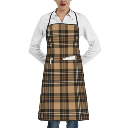 

Qekee khaki coffee plaid Print Adjustable Bib Apron Resistant with Pocket Cooking Kitchen Aprons for Women Men Server Chef Apron