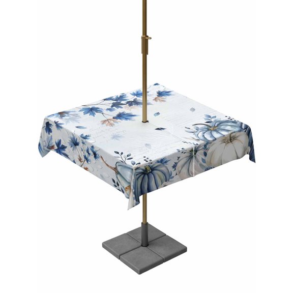 Outdoor Tablecloth with Umbrella Hole and Zipper, Blue Fall Pumpkins Square Table Cloth 60x60 Inch Waterproof Tablecloth, Thanksgiving Maple Leaf Tree Retro Picnic Table Cover for Patio Camping