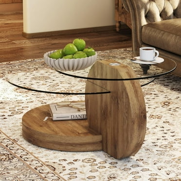 Sudica Contemporary Coffee Table with Double-layer Round Glass Tabletop 55.1" Tea Table , Dark Wood Grain Base for Living Room