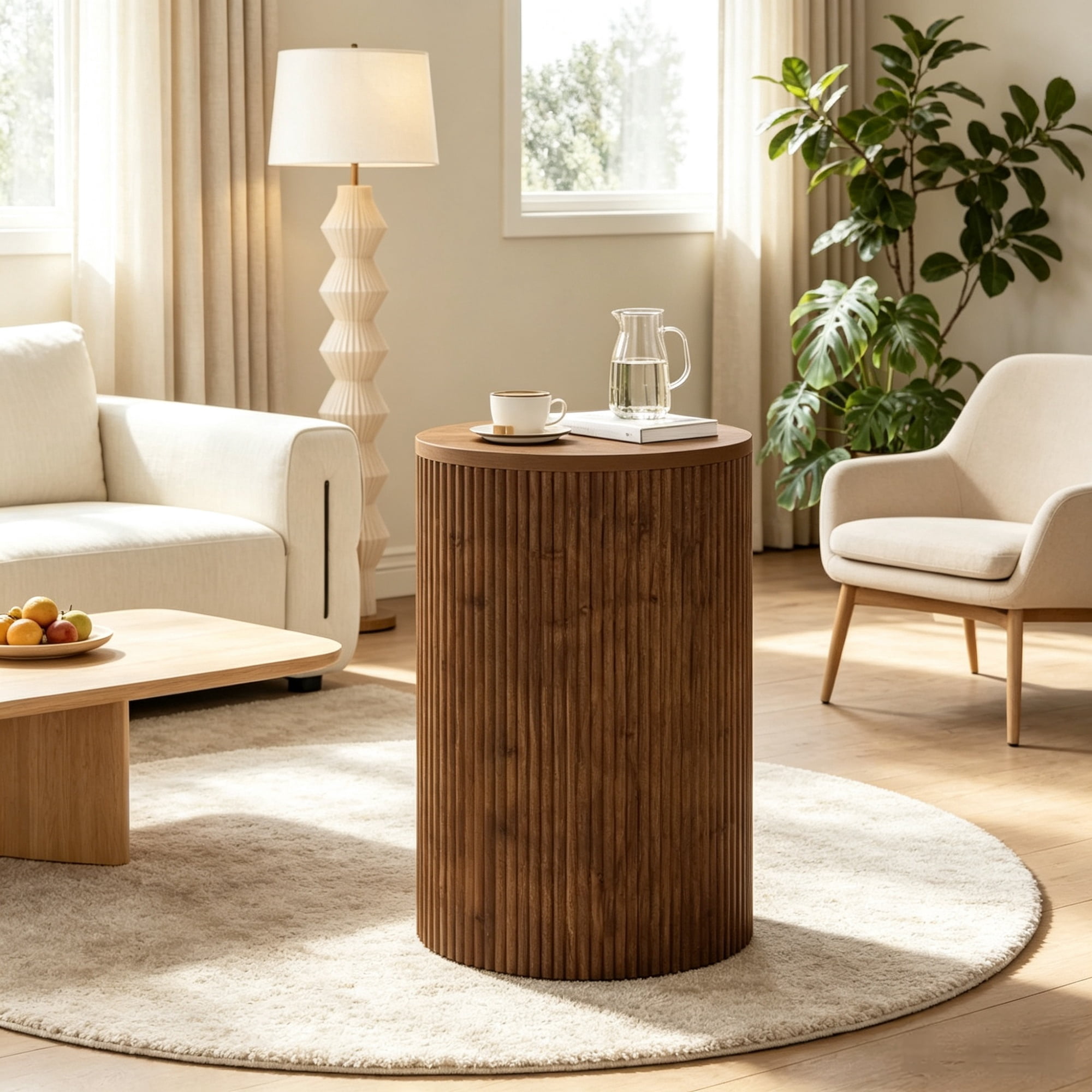 Wooden Round Side Table with Storage & 4 Wheels, No-Assembly Fluted End Table