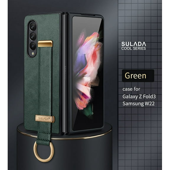 Dteck For Samsung Galaxy Z Fold3 5G Case with Hand Strap Holder, Shockproof Premium PU Leather Slim Flip Protective Case Adjustable Wristband Stand Ring Cover, darkgreen
