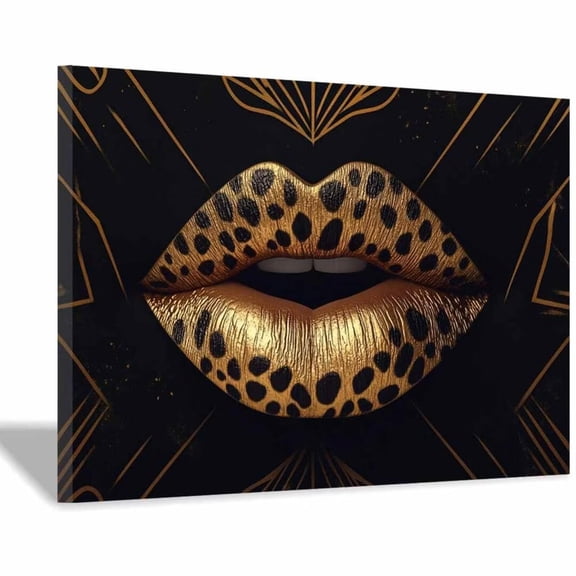 Mudket Framed Gold Leopard Print Lips Canvas Wall Art, Trendy Leopard Print Wall Decor, Luxury Fashion Animal Wall Art Ready to Hang - 12"L x 8"W