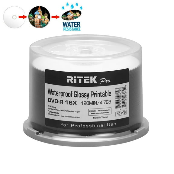 50 Pack Ritek Pro (Professional Grade) DVD-R 16X 4.7GB AZO Dye (MID MXL RG04) Watershield Water Resistant Glossy White Inkjet Hub Printable Blank Recordable Disc
