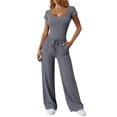 thumbnail image 2 of Women's Ribbed Two Piece Set, Square Neck Crop Top and High Waist Wide Leg Pants Set, Casual Summer Outfit with Side Pockets, Fashion Two Piece Outfit for Going Out Outfits Grey, 2 of 8