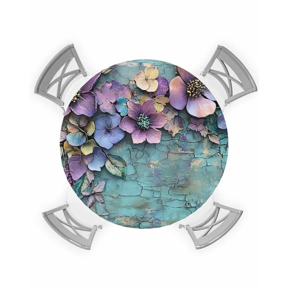 nqOlkjepod Spring Purple Flower Round Tablecloth, Fitted Table Cover with Elastic for 36"-44" Round Tables, Retro Wall Seamless Garden Pastoral Table Cloth Dinning Party Waterproof Tablecloths