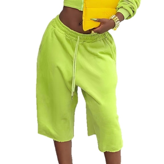 Women’s Lime Green Drawstring Bermuda Shorts, Loose Casual Knee Length Wide Leg Shorts
