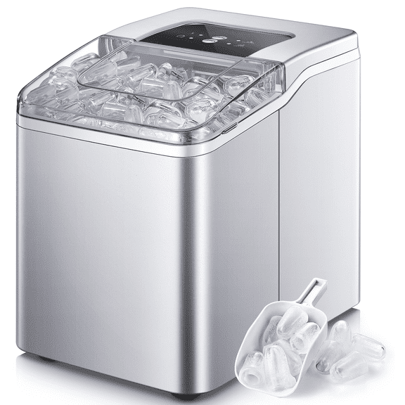 𝟑𝟎𝐥𝐛𝐬 Ice Maker Countertop 𝟐 𝐈𝐜𝐞 𝐒𝐢𝐳𝐞𝐬, Self-Clean, 9 Bullet-shaped Cubes in 𝟔 𝐌𝐢𝐧𝐬, 2.1Qt Water Tank, Quiet under 40dB, Lightweight to Move, Home Kitchen Party, Silver, FOHERE