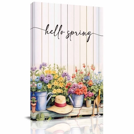 Farmhouse Style Canvas Wall Art for Living Room Hello Spring Plant Colorful Flowers Wood Grain Wall Decor Framed Artwork Pictures Ready to Hang for Bedroom Office Home Decor