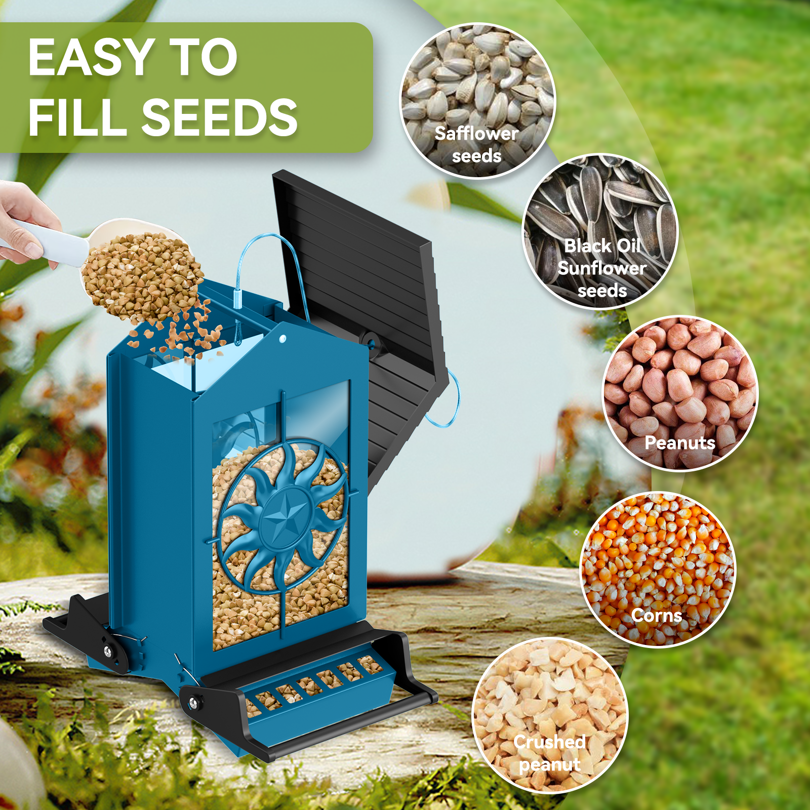 Squirrel Proof Bird Feeder for Outdoors Hanging, Metal Wild Bird Seed Feeder with Bilateral Weight-Activated Perches, 5LB Large Capacity Wild Bird Feeders for Outside Finch, Cardinal, Blue Jay
