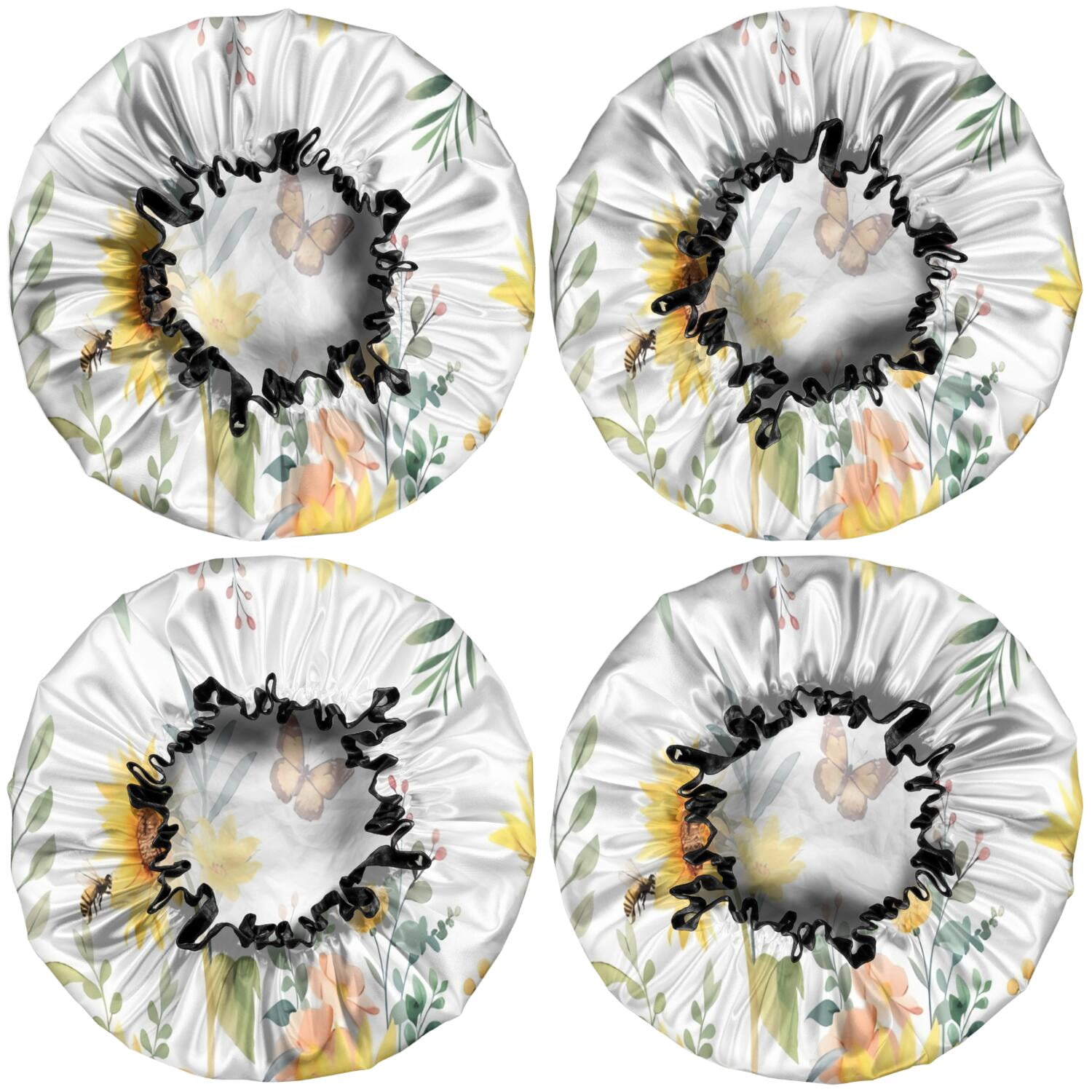 Shower Caps,White Butterfly Bee Sunflower Pattern Waterproof Shower Cap for Women 4 Pieces,Double Reusable Hair Cover for Shower PEVA Elastic Stretch Hem