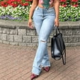 thumbnail image 7 of XPMWRP Women High Waisted Distressed Flare Jeans Ripped Bell Bottom Denim Pants Casual Streetwear Light Blue S, 7 of 7