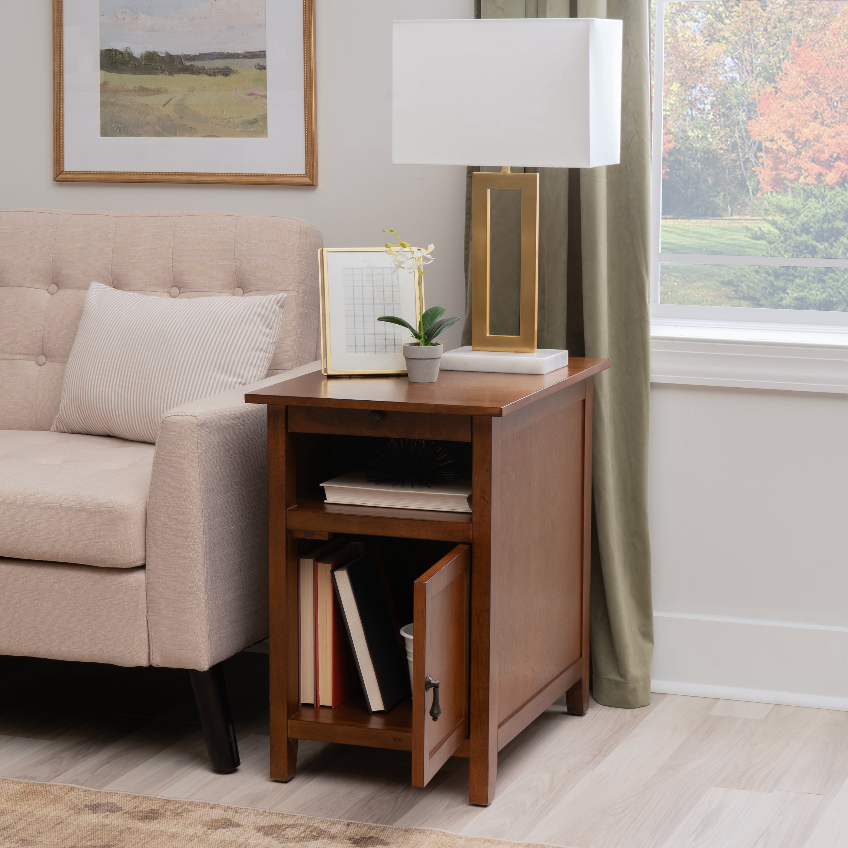 Powell Bryson Indoor Side Accent Table with Storage and Built-In USB Port, Hazelnut