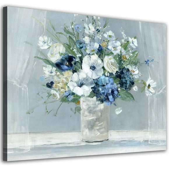 Flowers Wall Art Blue White Blossom Canvas Wall Pictures Vintage Floral in Vase Painting Grey Window Background Artwork Prints for Living Room Bathroom Bedroom Framed Ready to Hang 12" X 16"