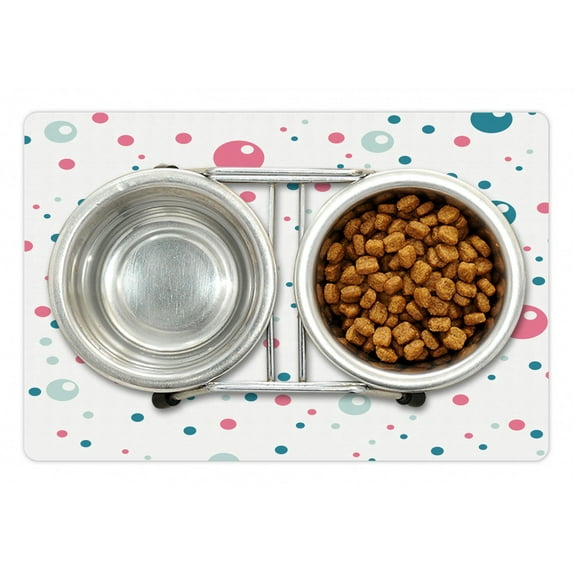 Abstract Pet Mat for Food and Water, Bubble Like Big and Little Polka Dots in Pastel Colors Modern Rounded Design, Non-Slip Rubber Mat for Dogs and Cats, 18" X 12", by Ambesonne