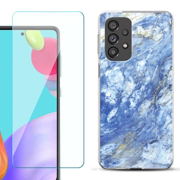 Slim-Fit Gel TPU Phone Case for Samsung Galaxy A33 5G, with Tempered Glass Screen Protector, by OneToughShield ® - Marble / Gem Blue