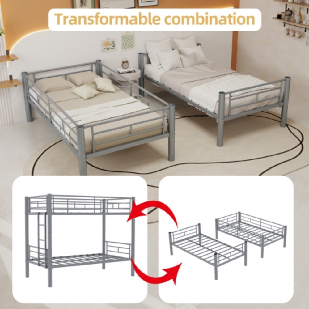 Twin Metal Bunk Bed, Convertible & Detachable into 2 Twin Beds, Heavy-Duty Iron Frame, 400 lbs Capacity, Guardrails & Ladder, Silver