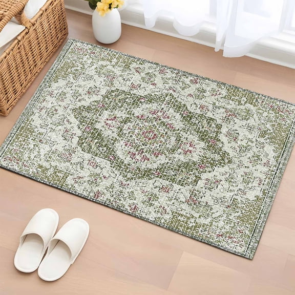 Rectangle Rug 2x3ft Area Rug,Vintage Ethnic Flower Texture Area Rugs for Living Room Bedroom,Abstract Geometric Sage Green Floor Mat Non-Slip Non-Shedding Carpet Indoor Accent Rugs