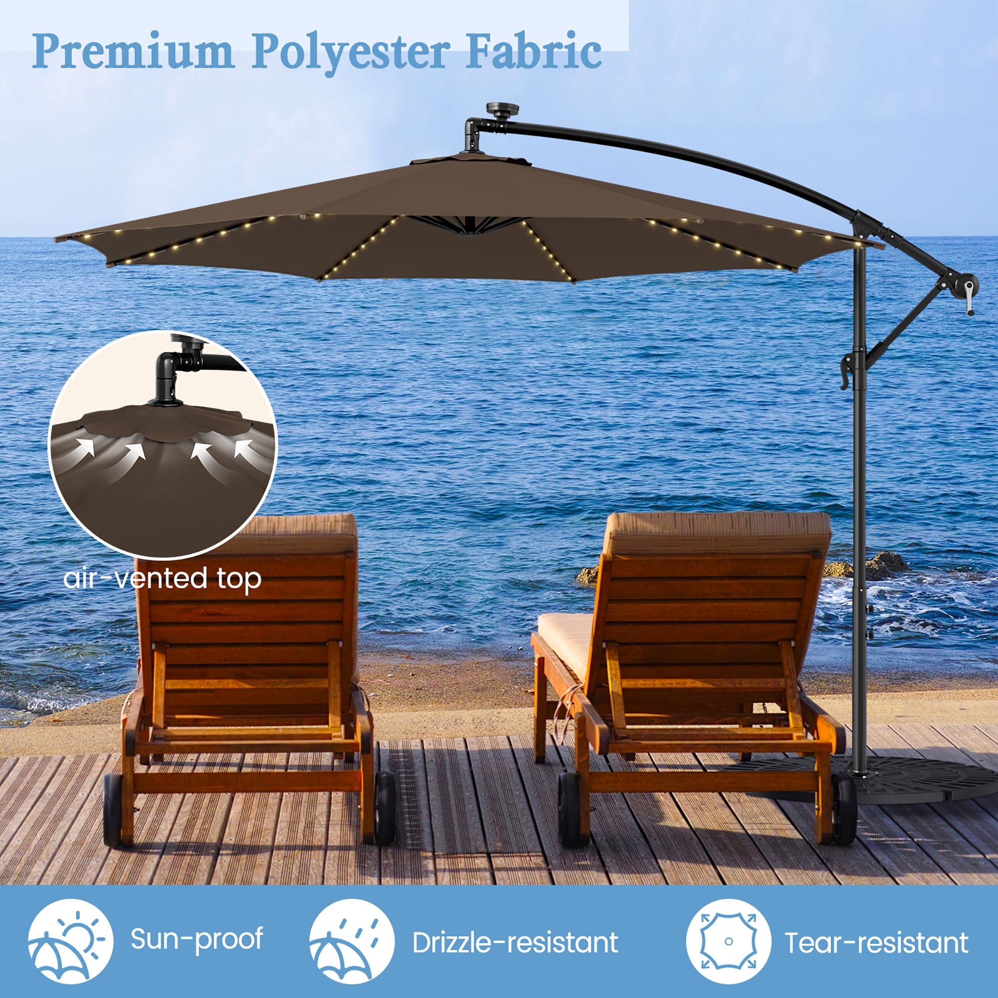 Gymax 10 FT Offset Patio Umbrella Solar Powered Cantilever Umbrella w/ 112 LED Lights Coffee