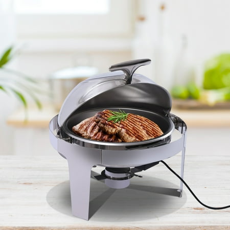 

Loyalheartdy Dish Buffet Warmer 6L Round Roll Top Chafing Dish Heater with Glass Lid Electric & Alcohol Heating for Home Canteen