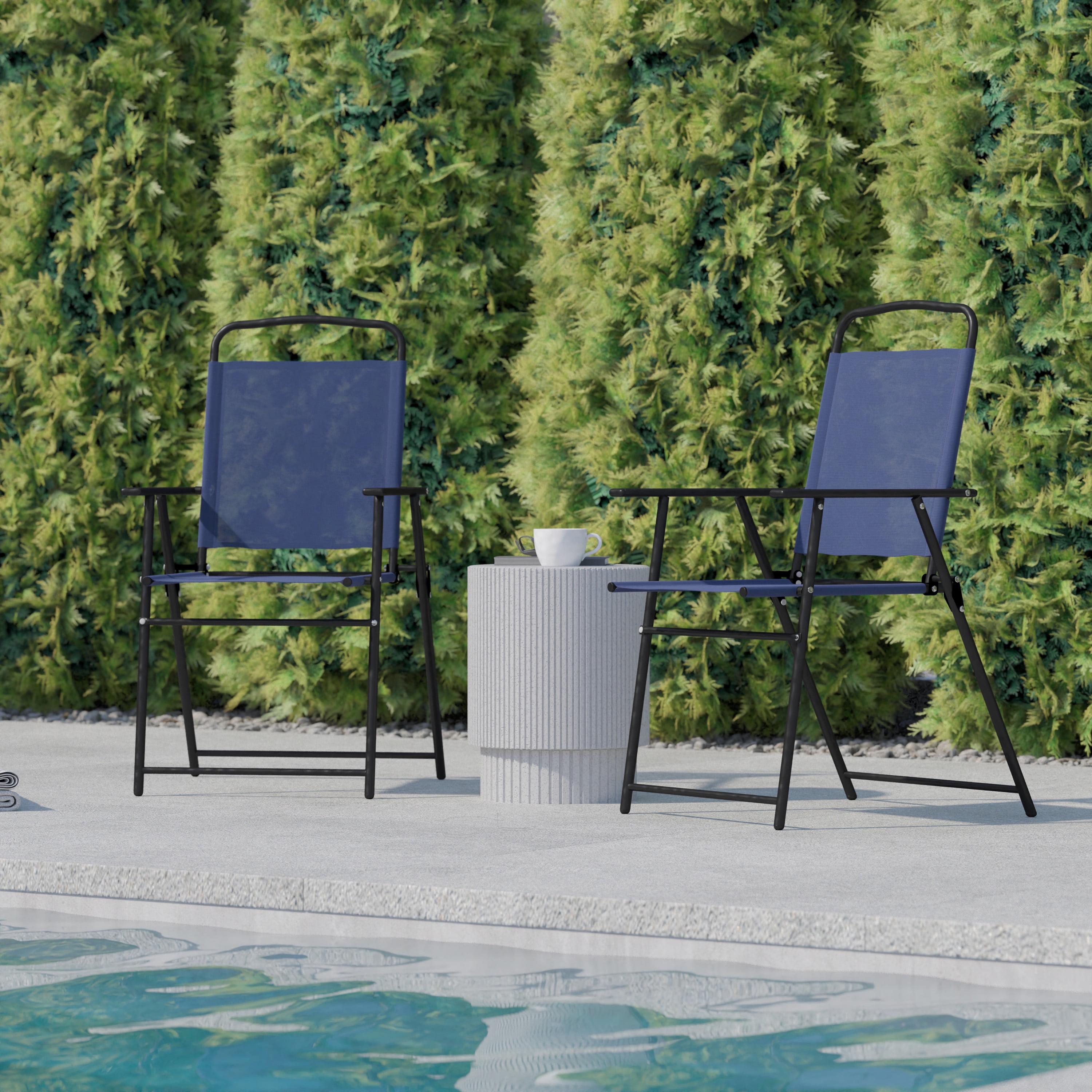 BizChair Set of 2 Folding Patio Sling Chairs, Outdoor Textilene Lawn Chairs with Armrests in Navy