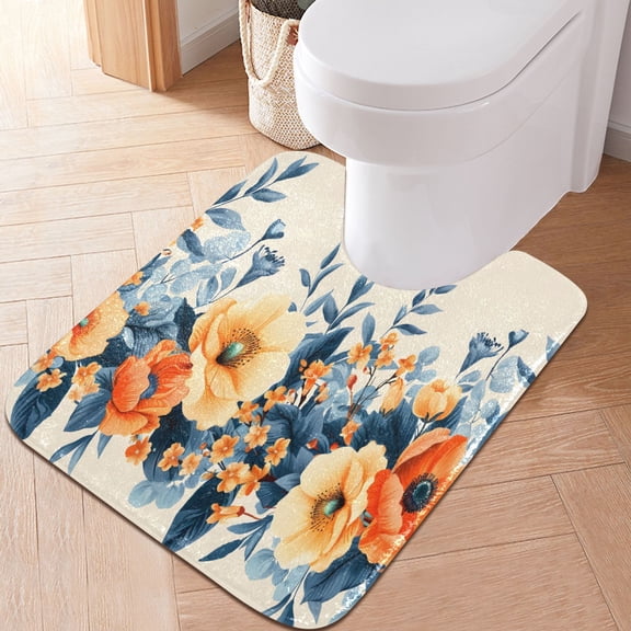 Toilet Rug U-Shaped Bathroom Rugs Non-Slip Soft Plush Machine Washable Contour Bath Mat Floral Border and Leaves 24x20